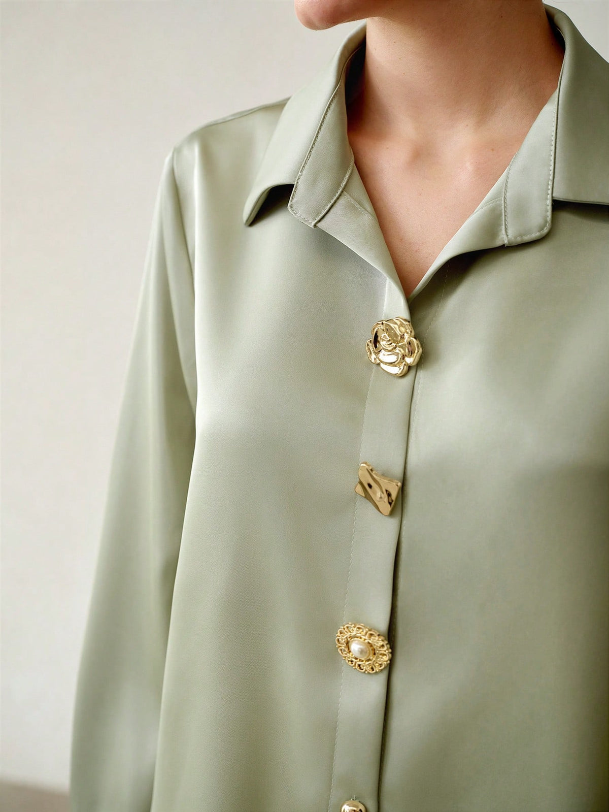 MOTF PREMIUM ELEGANT SATIN DECORATIVE BUTTONS SHIRT, SPRING/SUMMER