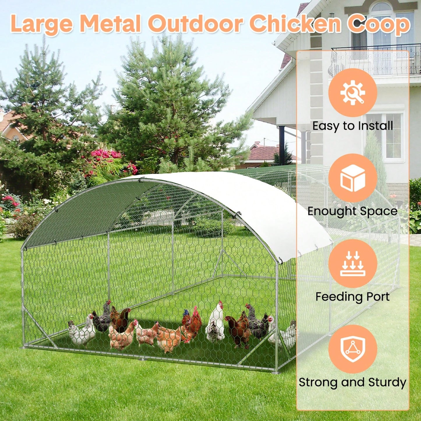mteryoing Large Walk-In Metal For 10 Chickens,Heavy Duty Reinforced Wire Mesh Run With All-Weather Waterproof & Anti-UV Cover,Secure Lock- Outdoor Poultry Pen For Chickens,Ducks (Spire Roof)