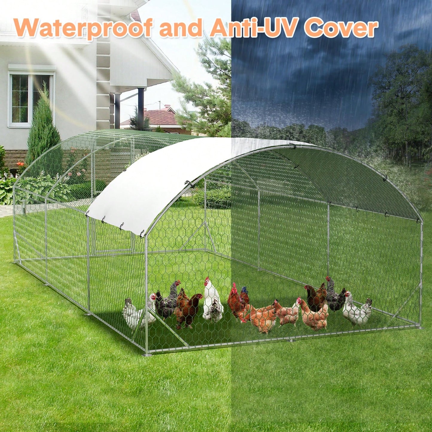 mteryoing Large Walk-In Metal For 10 Chickens,Heavy Duty Reinforced Wire Mesh Run With All-Weather Waterproof & Anti-UV Cover,Secure Lock- Outdoor Poultry Pen For Chickens,Ducks (Spire Roof)