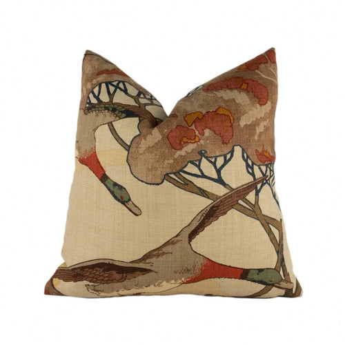 Mulberry- Flying Ducks- Stone/ Brown- Majestic Mallard Duck Art Deco Designer Cushion Cover- Luxury Throw Pillow- Home Decor