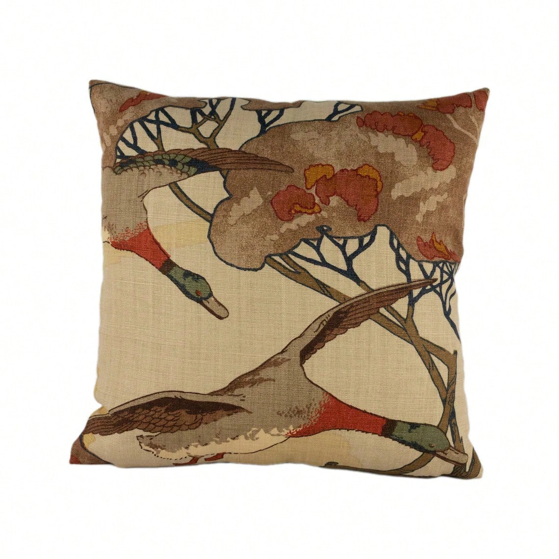Mulberry- Flying Ducks- Stone/ Brown- Majestic Mallard Duck Art Deco Designer Cushion Cover- Luxury Throw Pillow- Home Decor