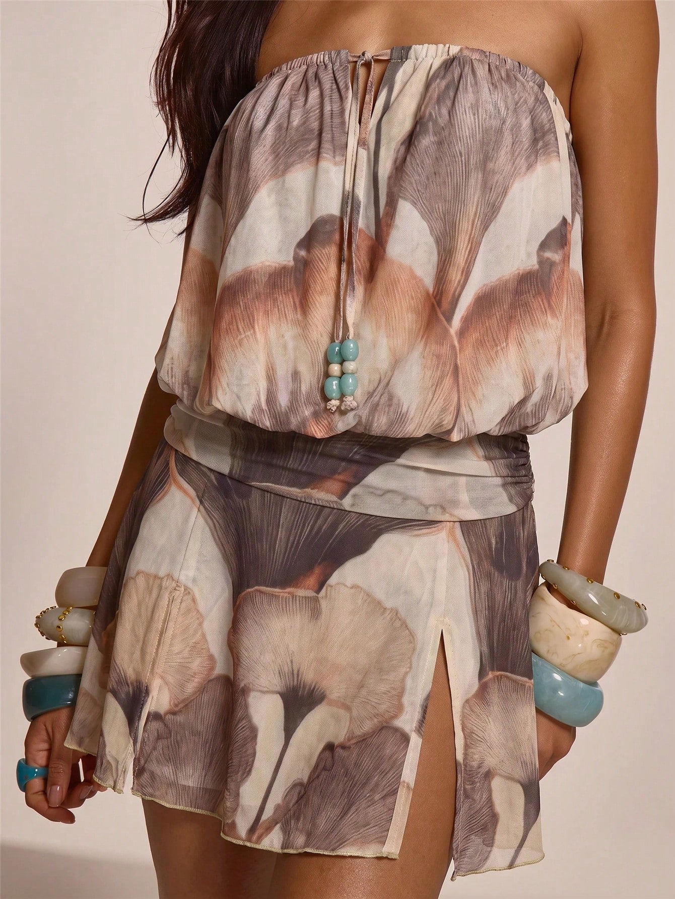 MUSERA Bead Tie Front Draped Ruched Gathered Waist Side Split Skirt Bandeau Mini Dress