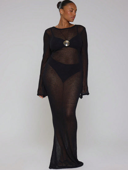 MUSERA Curve Black Mini Dress Back Tie Beach Cover Up