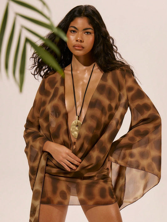 Musera Resort Chiffon Mesh Long Sleeve Plunge Cowl Neck Mini Dress Spring, Summer, Ibiza, Holiday, Cute, Romantic, Festival, Vacation Beachwear, Beach Party