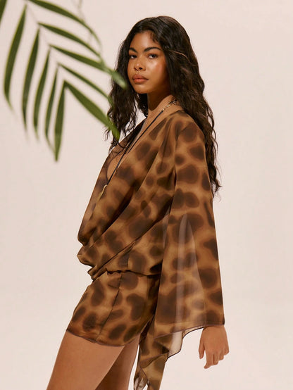 Musera Resort Chiffon Mesh Long Sleeve Plunge Cowl Neck Mini Dress Spring, Summer, Ibiza, Holiday, Cute, Romantic, Festival, Vacation Beachwear, Beach Party