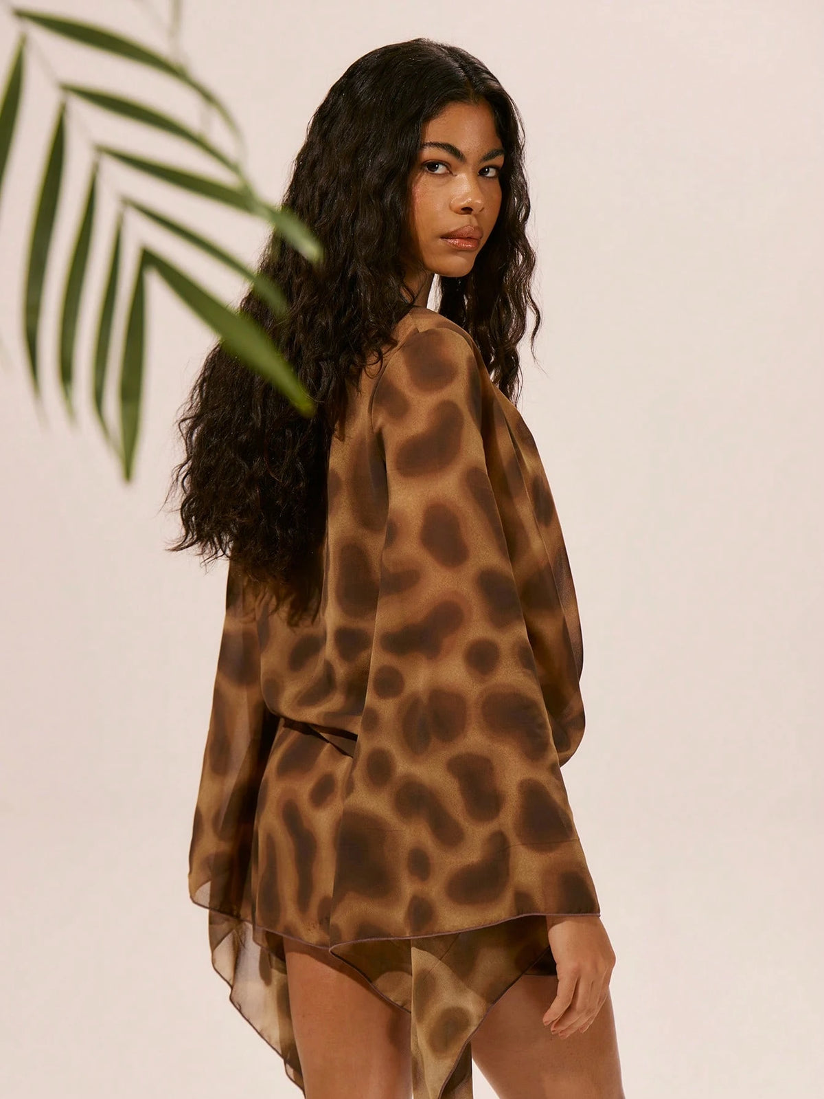 Musera Resort Chiffon Mesh Long Sleeve Plunge Cowl Neck Mini Dress Spring, Summer, Ibiza, Holiday, Cute, Romantic, Festival, Vacation Beachwear, Beach Party
