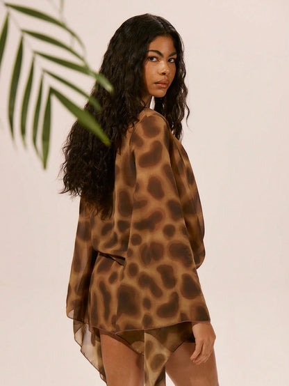 Musera Resort Chiffon Mesh Long Sleeve Plunge Cowl Neck Mini Dress Spring, Summer, Ibiza, Holiday, Cute, Romantic, Festival, Vacation Beachwear, Beach Party