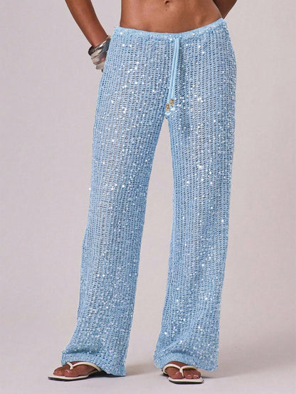 Musera Resort Women Cover Ups Ibiza Boho Vacation Holiday Beach Elegant Summer Sequin Wide Leg Crochet Trouser Spring Carvinal Beachwear Festival