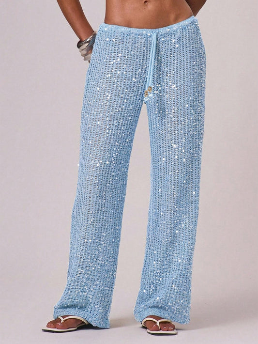 Musera Resort Women Cover Ups Ibiza Boho Vacation Holiday Beach Elegant Summer Sequin Wide Leg Crochet Trouser Spring Carvinal Beachwear Festival