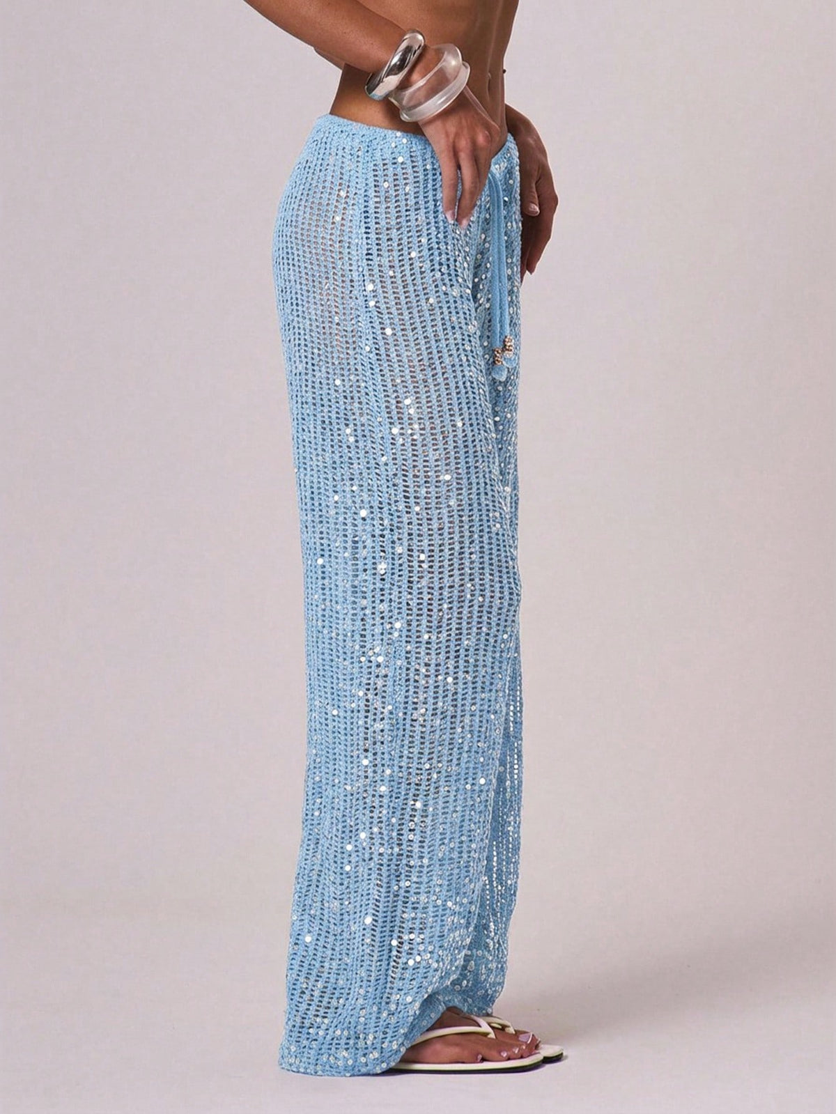 Musera Resort Women Cover Ups Ibiza Boho Vacation Holiday Beach Elegant Summer Sequin Wide Leg Crochet Trouser Spring Carvinal Beachwear Festival