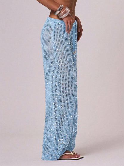 Musera Resort Women Cover Ups Ibiza Boho Vacation Holiday Beach Elegant Summer Sequin Wide Leg Crochet Trouser Spring Carvinal Beachwear Festival