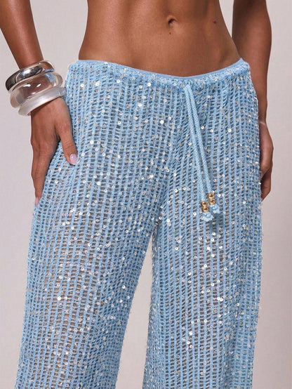 Musera Resort Women Cover Ups Ibiza Boho Vacation Holiday Beach Elegant Summer Sequin Wide Leg Crochet Trouser Spring Carvinal Beachwear Festival