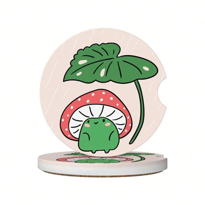 Mushroom Frog Car Coasters For Cup Holders,2 Pack Car Cup Holder Coasters For Car,Ceramic Absorbent Car Coaster With A Finger Notch And