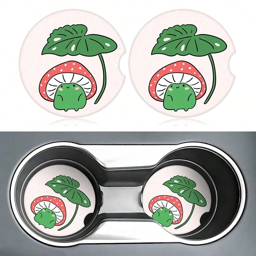 Mushroom Frog Car Coasters For Cup Holders,2 Pack Car Cup Holder Coasters For Car,Ceramic Absorbent Car Coaster With A Finger Notch And