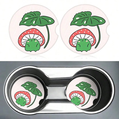 Mushroom Frog Car Coasters For Cup Holders,2 Pack Car Cup Holder Coasters For Car,Ceramic Absorbent Car Coaster With A Finger Notch And