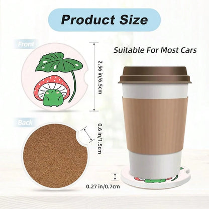 Mushroom Frog Car Coasters For Cup Holders,2 Pack Car Cup Holder Coasters For Car,Ceramic Absorbent Car Coaster With A Finger Notch And