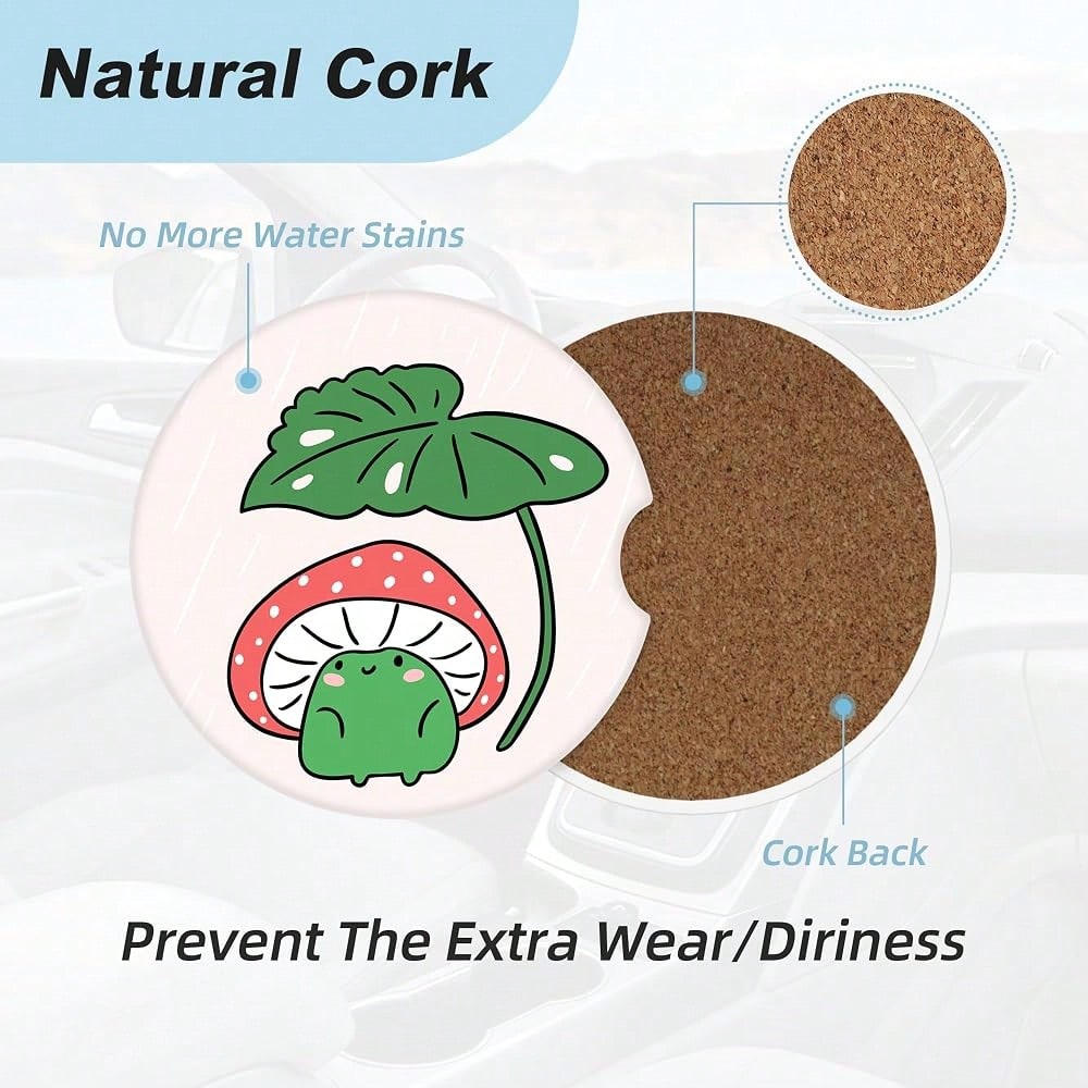 Mushroom Frog Car Coasters For Cup Holders,2 Pack Car Cup Holder Coasters For Car,Ceramic Absorbent Car Coaster With A Finger Notch And