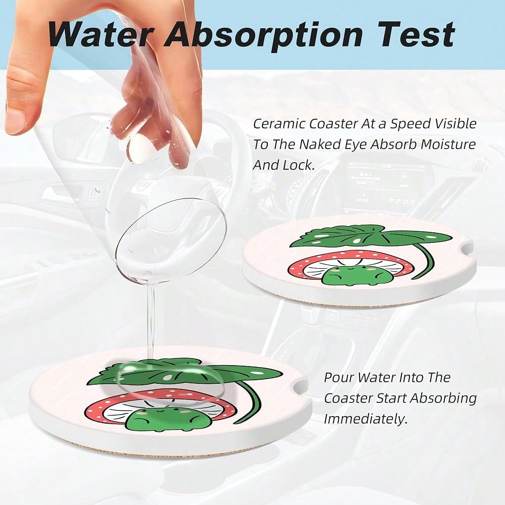 Mushroom Frog Car Coasters For Cup Holders,2 Pack Car Cup Holder Coasters For Car,Ceramic Absorbent Car Coaster With A Finger Notch And