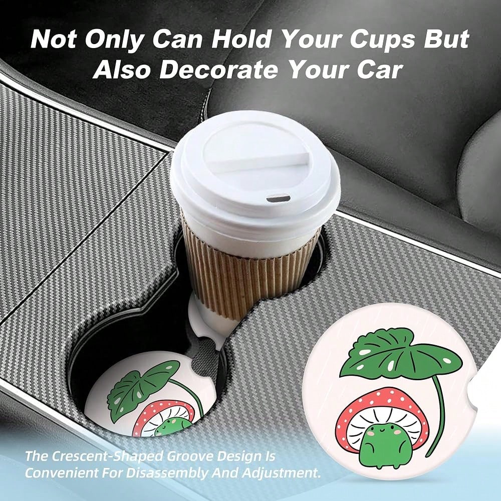 Mushroom Frog Car Coasters For Cup Holders,2 Pack Car Cup Holder Coasters For Car,Ceramic Absorbent Car Coaster With A Finger Notch And