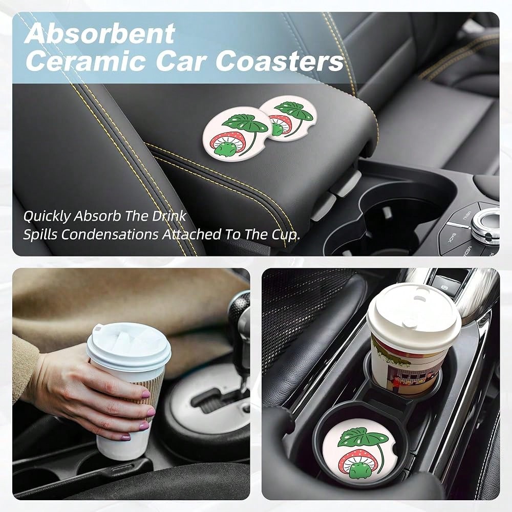 Mushroom Frog Car Coasters For Cup Holders,2 Pack Car Cup Holder Coasters For Car,Ceramic Absorbent Car Coaster With A Finger Notch And