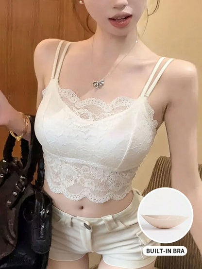 New Arrival Spring/Summer Back To School Cute & Sexy Pure Lace Camisole With Padded Bra, Solid Color Women Underwear Cami Top Casual White