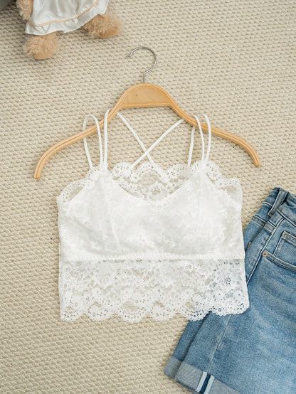 New Arrival Spring/Summer Back To School Cute & Sexy Pure Lace Camisole With Padded Bra, Solid Color Women Underwear Cami Top Casual White