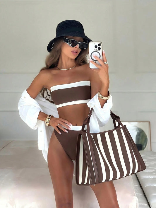 New Beach Pool Party Vacation Fashion Sexy Solid Color Block Detachable Shoulder Strap Strapless Bikini Split Swimwear For Women Summer, Resort Brown