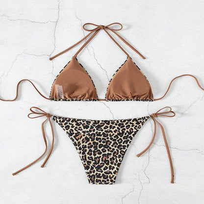 New European And American Leopard Print Lace-Up Bikini Swimsuit Women