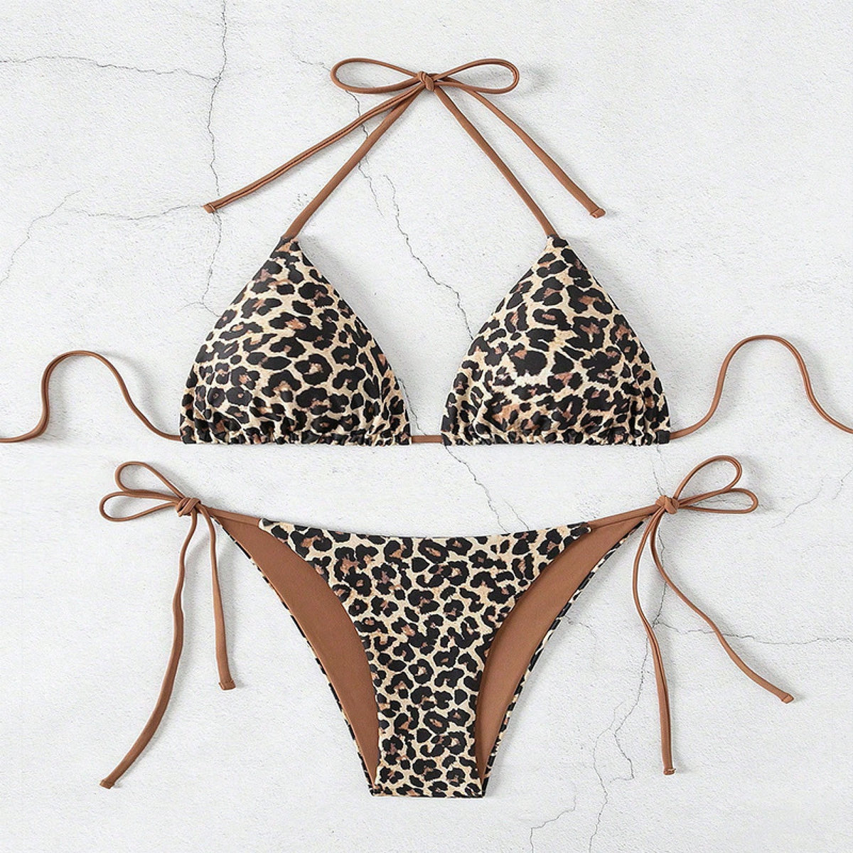 New European And American Leopard Print Lace-Up Bikini Swimsuit Women
