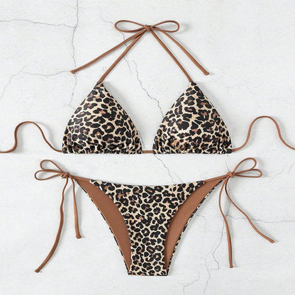 New European And American Leopard Print Lace-Up Bikini Swimsuit Women