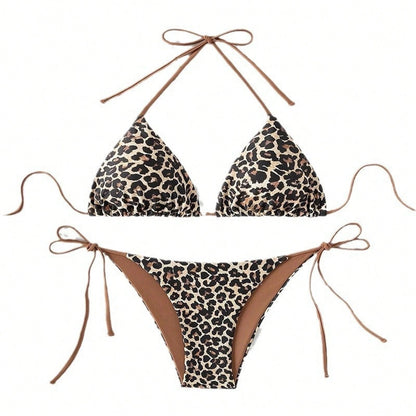 New European And American Leopard Print Lace-Up Bikini Swimsuit Women