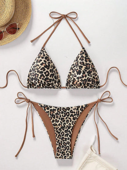 New European And American Leopard Print Lace-Up Bikini Swimsuit Women