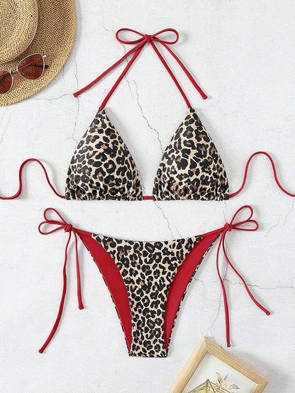 New European And American Leopard Print Lace-Up Bikini Swimsuit Women
