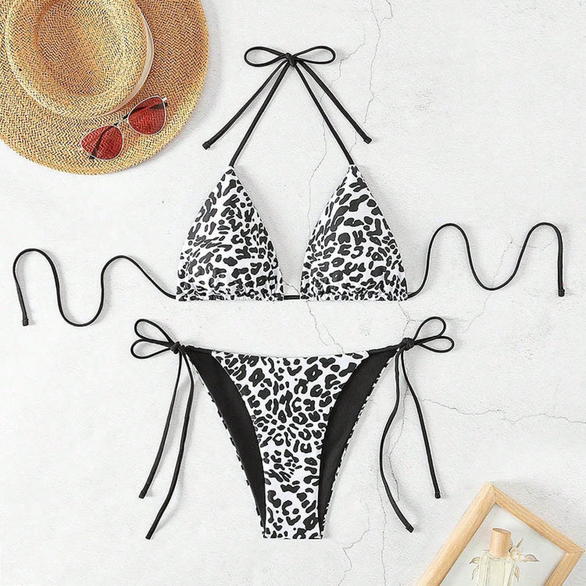 New European And American Leopard Print Lace-Up Bikini Swimsuit Women