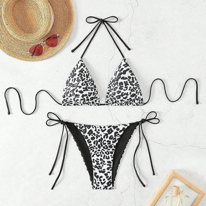 New European And American Leopard Print Lace-Up Bikini Swimsuit Women
