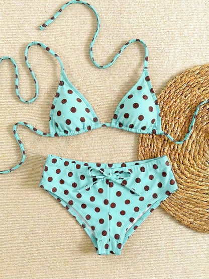New Sexy Polka Dot Print Backless Bow Tie Spaghetti Strap Bikini Set, Summer Beach Pool Party Swimwear For Women Vacation