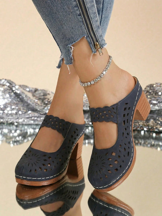 New Summer Closed Round Toe Block Heel Sandals, Retro Hollow Stitched Breathable Upper,  , European Daily Wear Heels