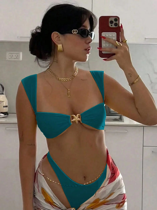 New Women's Yellow Wide Strap Bikini Set With Star Decoration, Sexy Casual Swimwear Suitable For Beach Vacation, Party And Date
