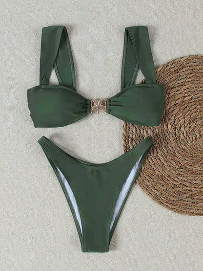 New Women's Yellow Wide Strap Bikini Set With Star Decoration, Sexy Casual Swimwear Suitable For Beach Vacation, Party And Date