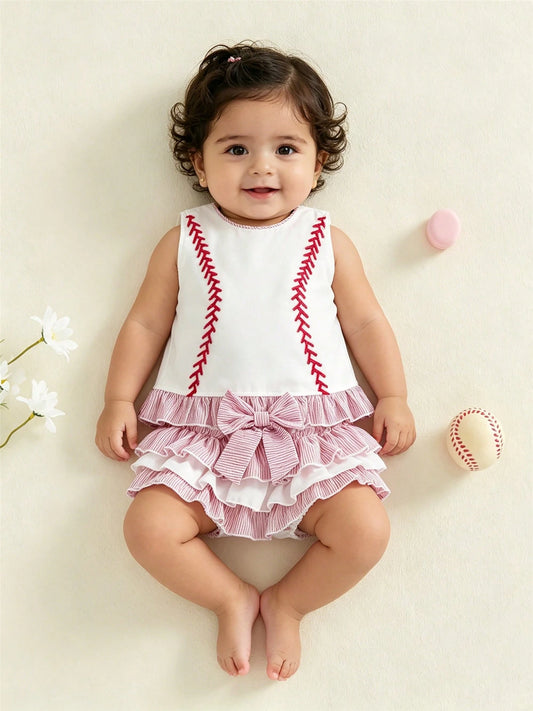 Newborn Baby Girl Baseball Outfit Cute Baseball Embroidery Tank Tops Ruffle Shorts Skirts Set 2Pcs Sports Clothes