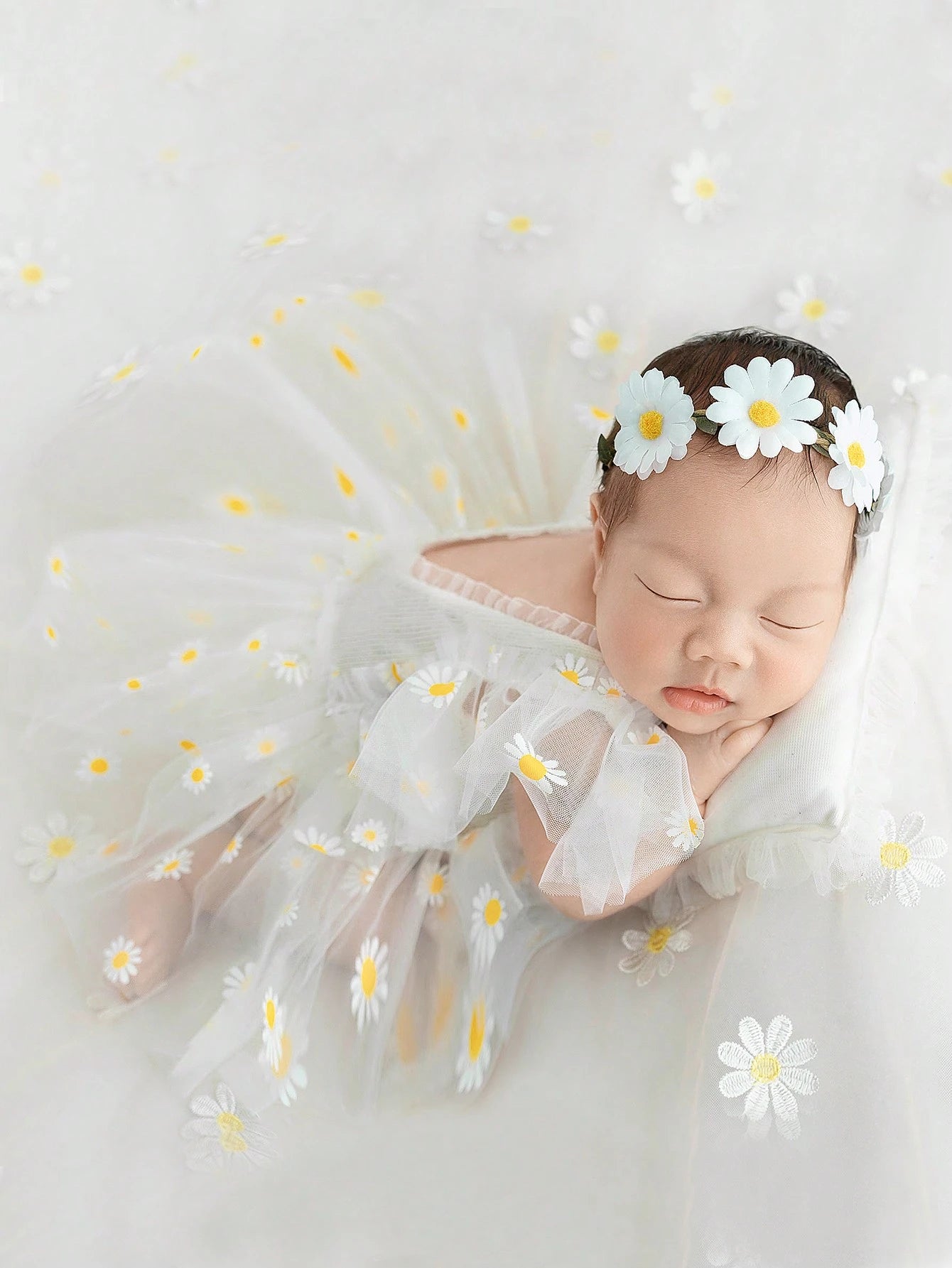 Newborn Baby Girls' Sunflower & Daisy Mesh Romper Dress & Braided Headband Outfit Set