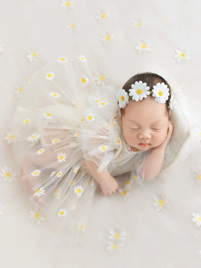 Newborn Baby Girls' Sunflower & Daisy Mesh Romper Dress & Braided Headband Outfit Set