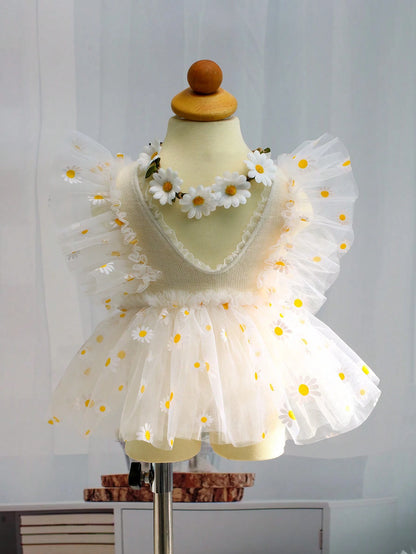 Newborn Baby Girls' Sunflower & Daisy Mesh Romper Dress & Braided Headband Outfit Set