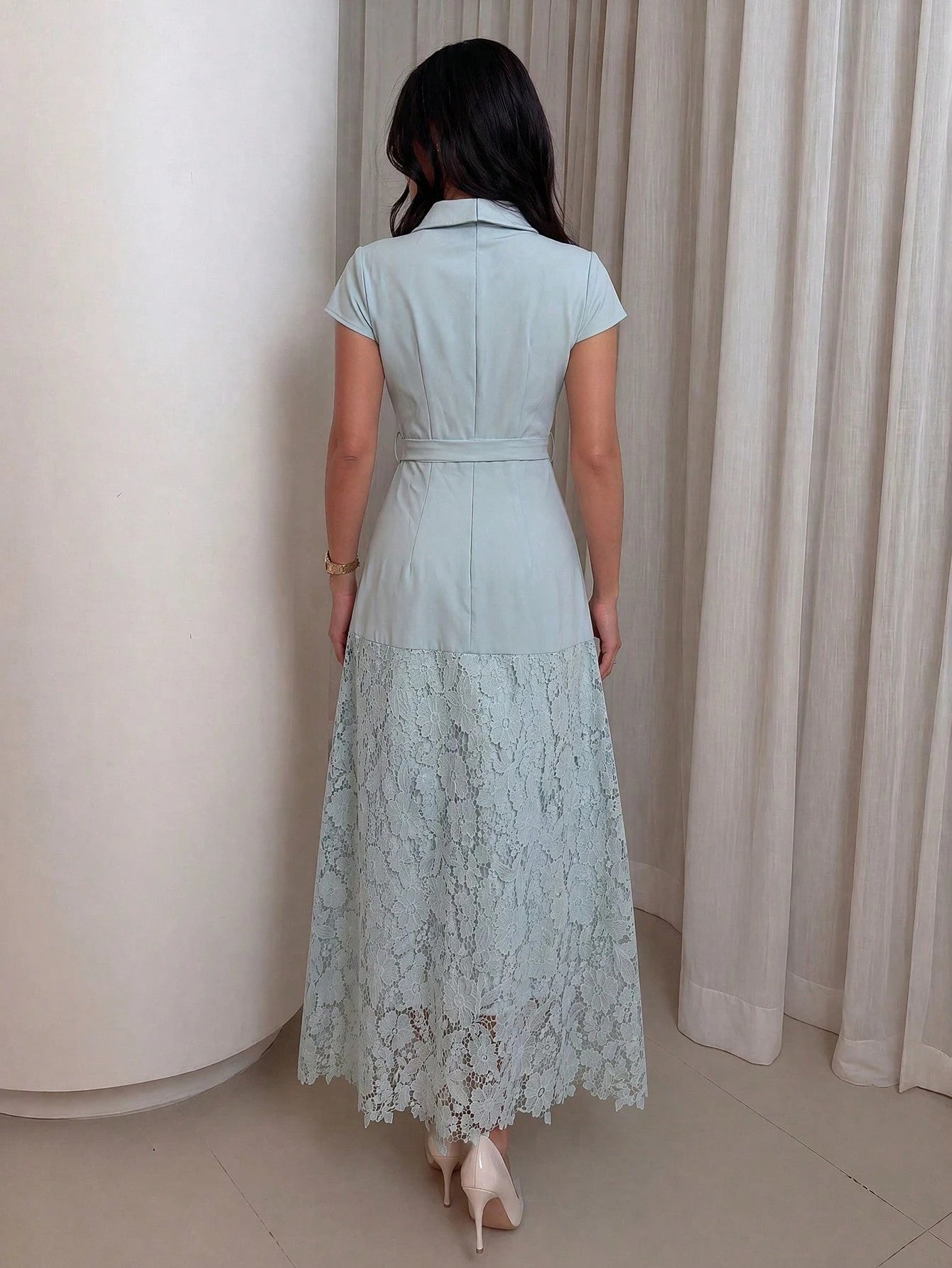 NOVVYNE Women's Blue Woven Short Sleeve Tie Waist Fabric Button Cinched Waist A-Line Patchwork Woven Water-Soluble Lace Elegant Romantic Long Dress