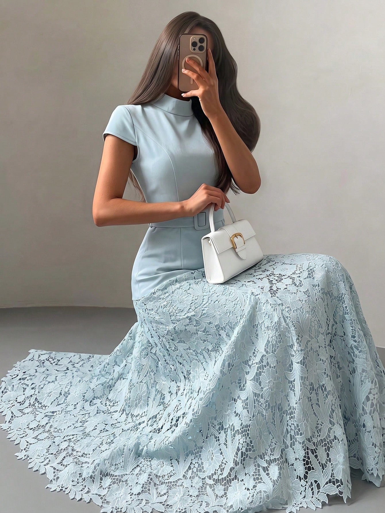 NOVVYNE Women's Blue Woven Short Sleeve Tie Waist Fabric Button Cinched Waist A-Line Patchwork Woven Water-Soluble Lace Elegant Romantic Long Dress