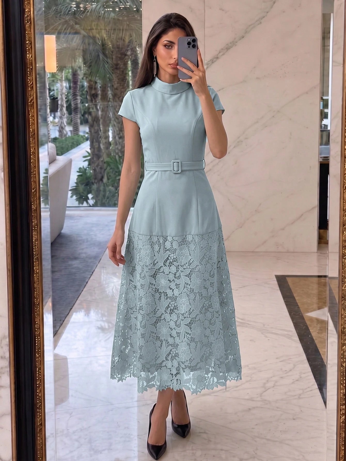 NOVVYNE Women's Blue Woven Short Sleeve Tie Waist Fabric Button Cinched Waist A-Line Patchwork Woven Water-Soluble Lace Elegant Romantic Long Dress