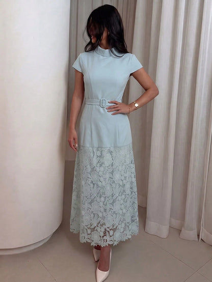 NOVVYNE Women's Blue Woven Short Sleeve Tie Waist Fabric Button Cinched Waist A-Line Patchwork Woven Water-Soluble Lace Elegant Romantic Long Dress