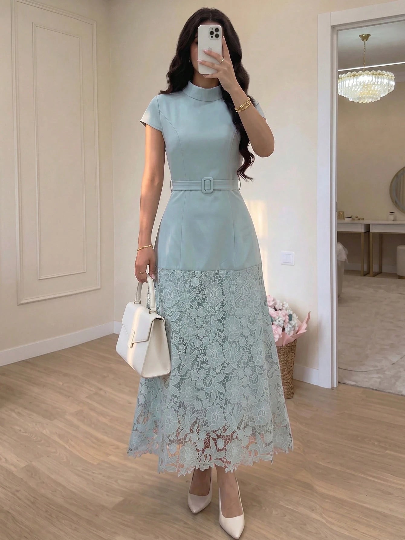 NOVVYNE Women's Blue Woven Short Sleeve Tie Waist Fabric Button Cinched Waist A-Line Patchwork Woven Water-Soluble Lace Elegant Romantic Long Dress