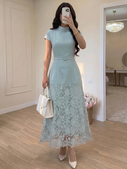 NOVVYNE Women's Blue Woven Short Sleeve Tie Waist Fabric Button Cinched Waist A-Line Patchwork Woven Water-Soluble Lace Elegant Romantic Long Dress