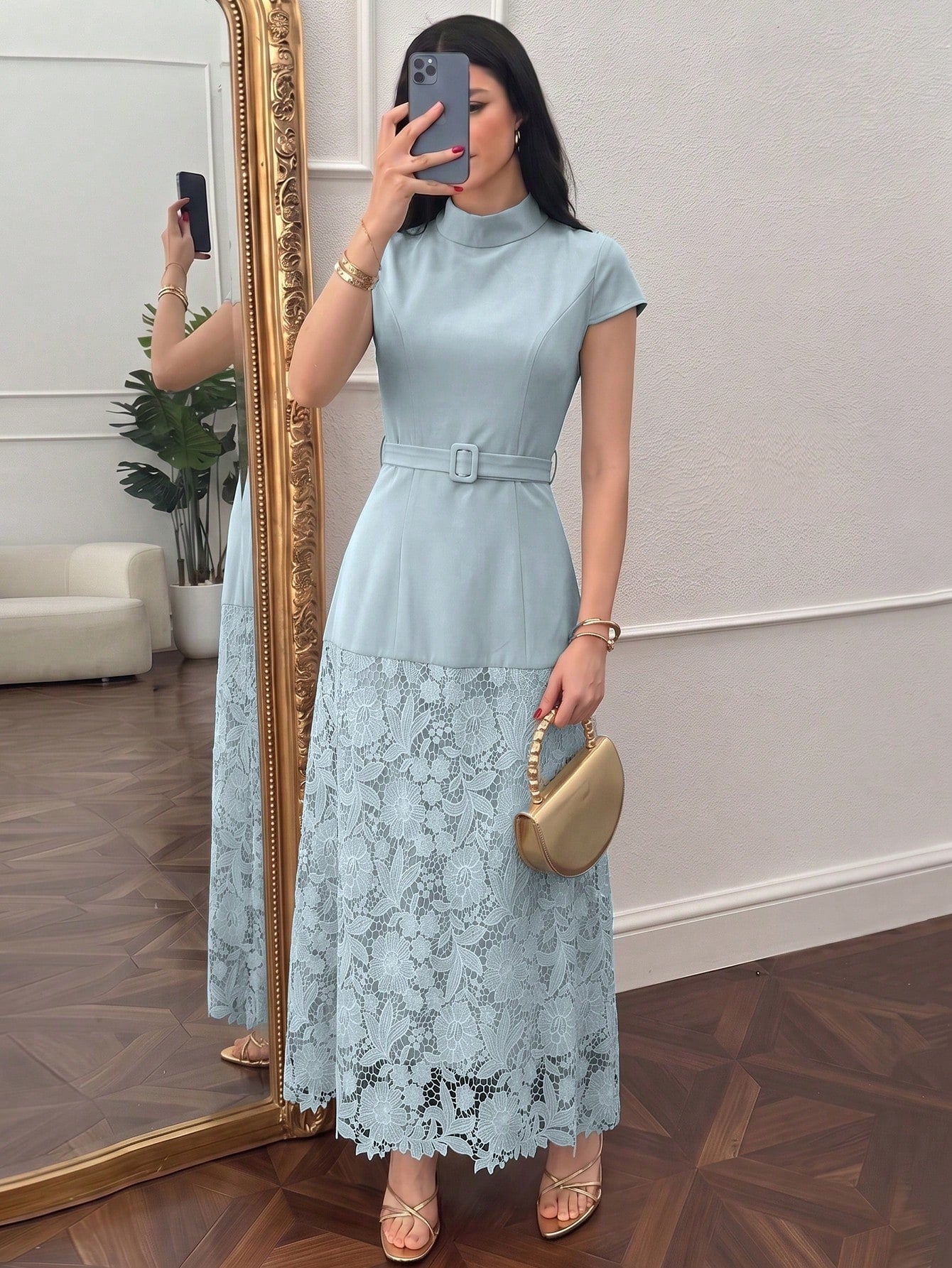 NOVVYNE Women's Blue Woven Short Sleeve Tie Waist Fabric Button Cinched Waist A-Line Patchwork Woven Water-Soluble Lace Elegant Romantic Long Dress
